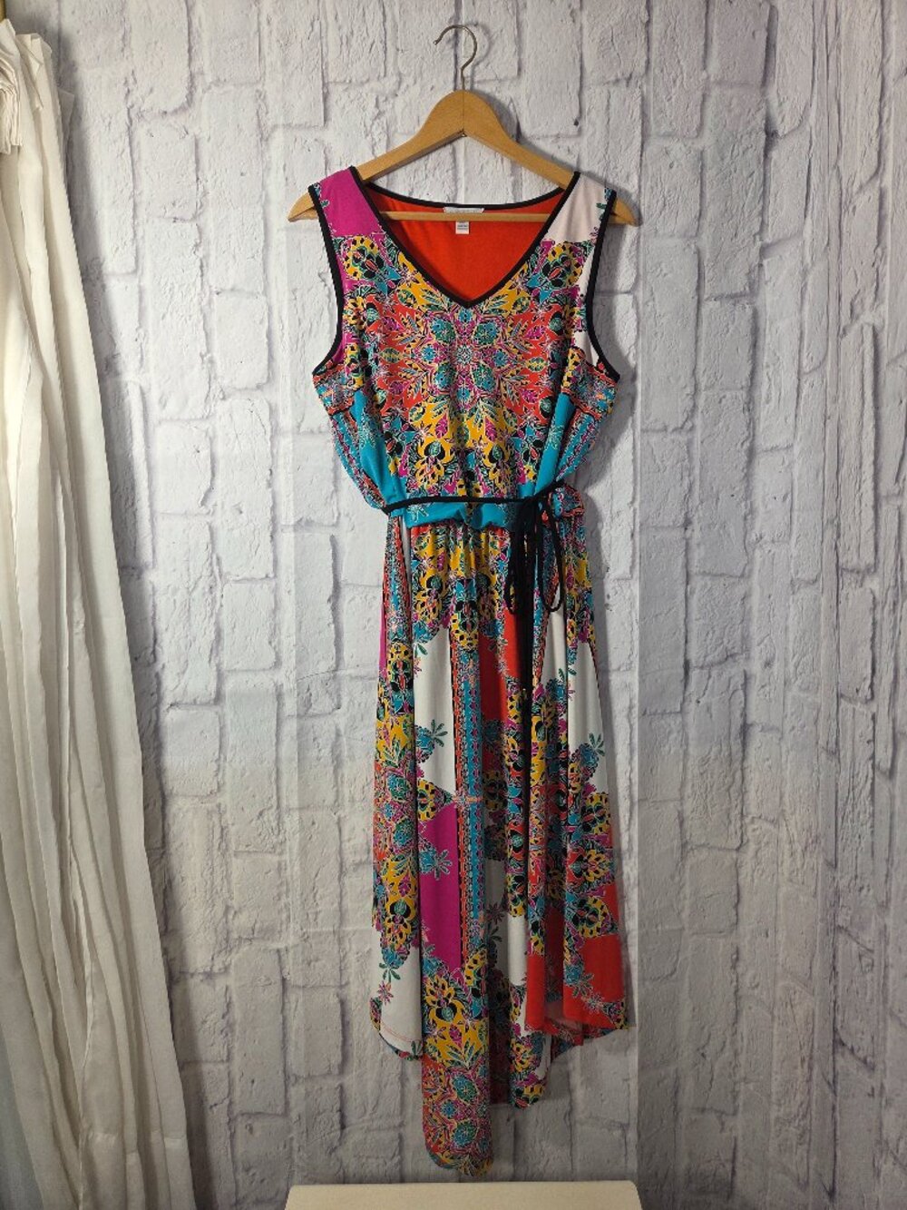 London Times Petites 12 Vibrant Medallion Sleeveless Asymmetrical Belted Dress